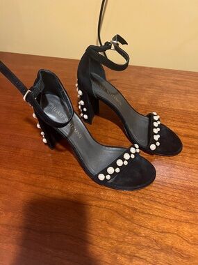 Stuart Weitzman Black Suede Pearl-Embellished Block Heel Sandals